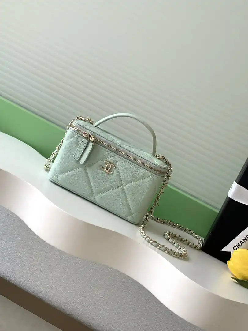 Chanel AP4933 Long Vanity with Chain Grained Shiny Calfskin Green