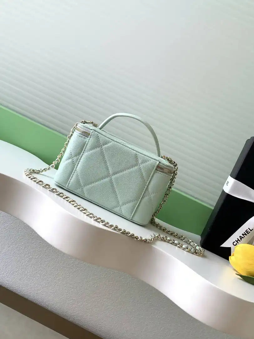 Chanel AP4933 Long Vanity with Chain Grained Shiny Calfskin Green