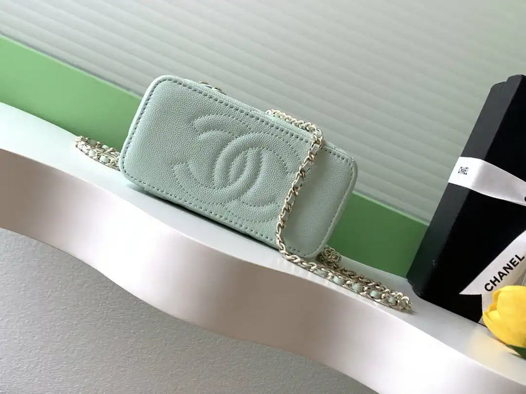 Chanel AP4933 Long Vanity with Chain Grained Shiny Calfskin Green