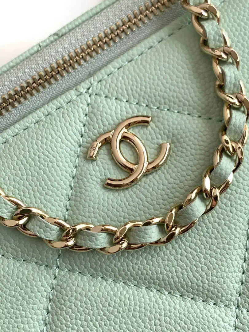 Chanel AP4933 Long Vanity with Chain Grained Shiny Calfskin Green