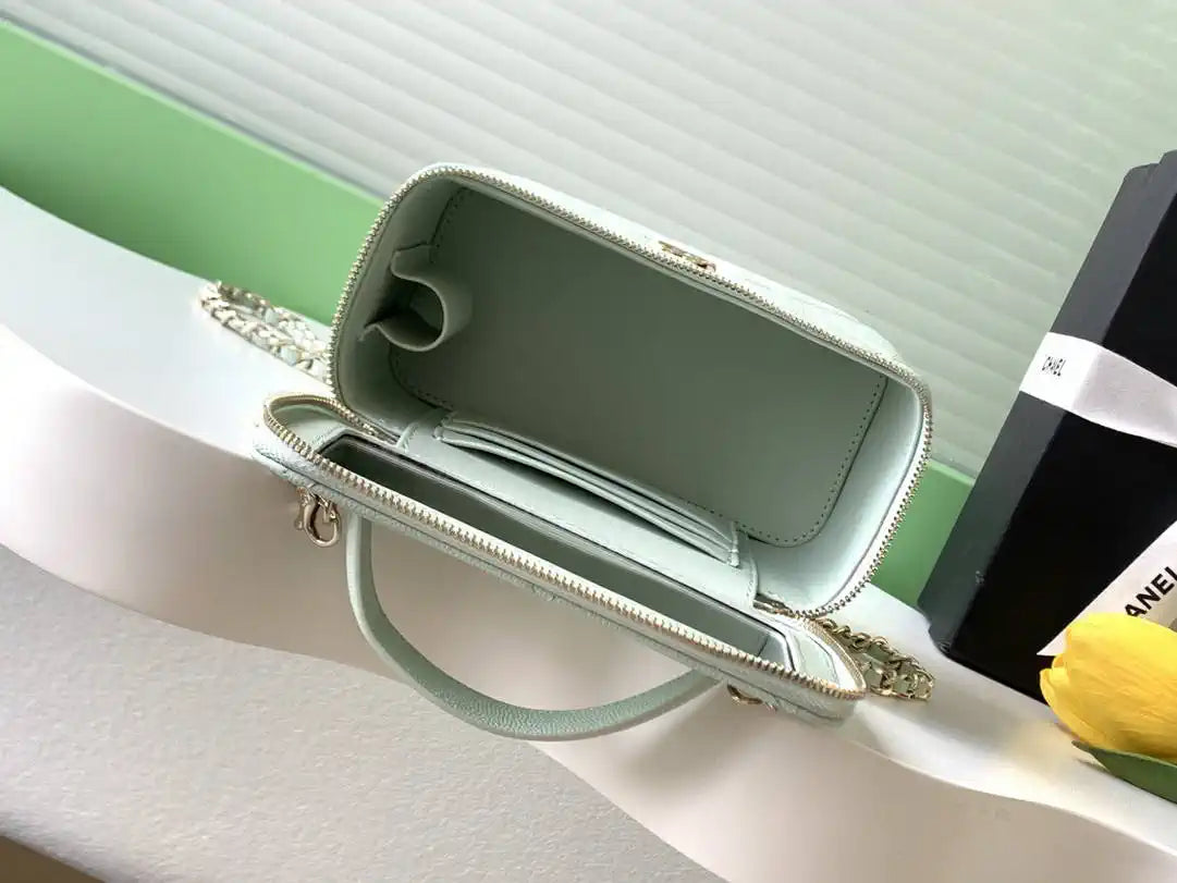 Chanel AP4933 Long Vanity with Chain Grained Shiny Calfskin Green