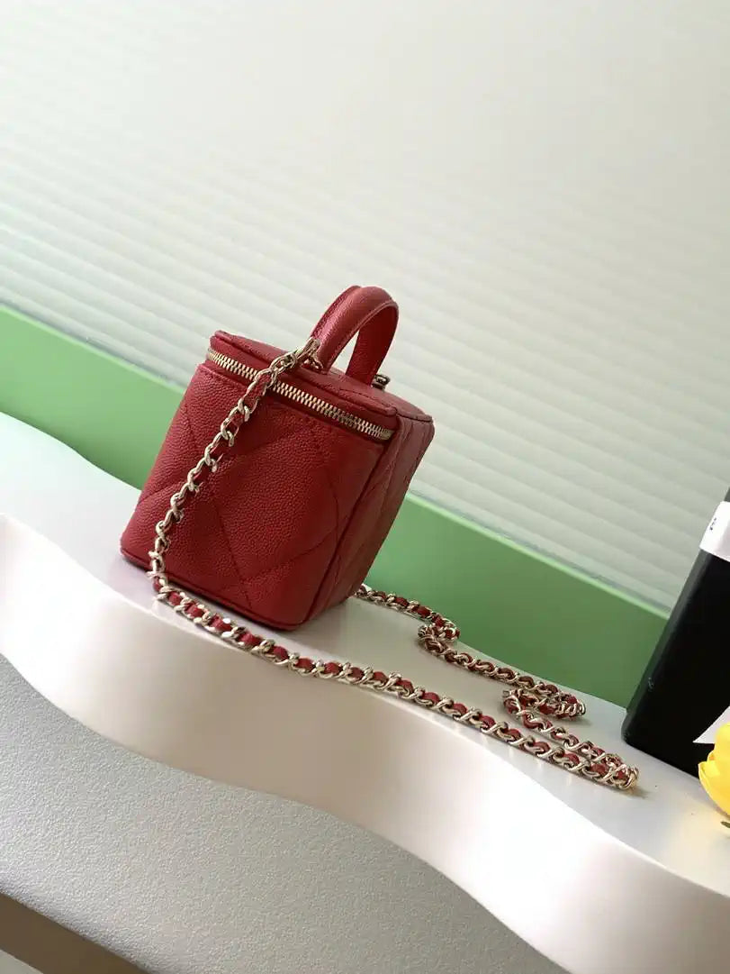 Chanel AP4933 Long Vanity with Chain Grained Shiny Calfskin Red