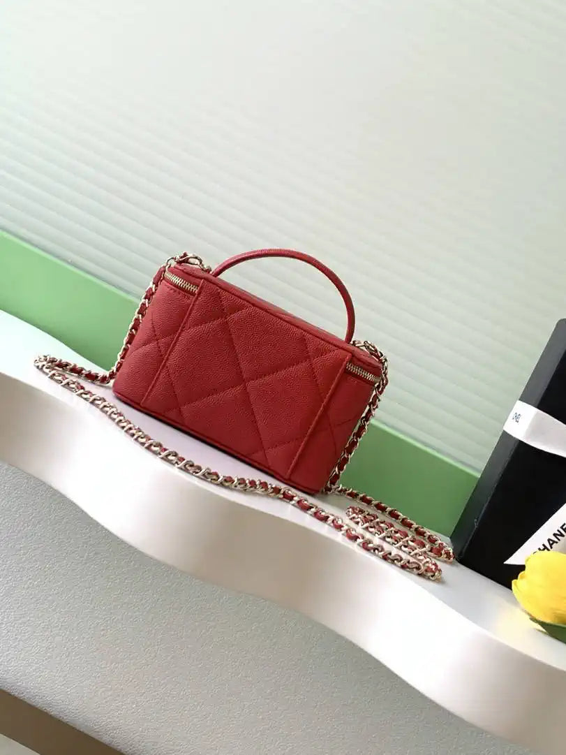 Chanel AP4933 Long Vanity with Chain Grained Shiny Calfskin Red