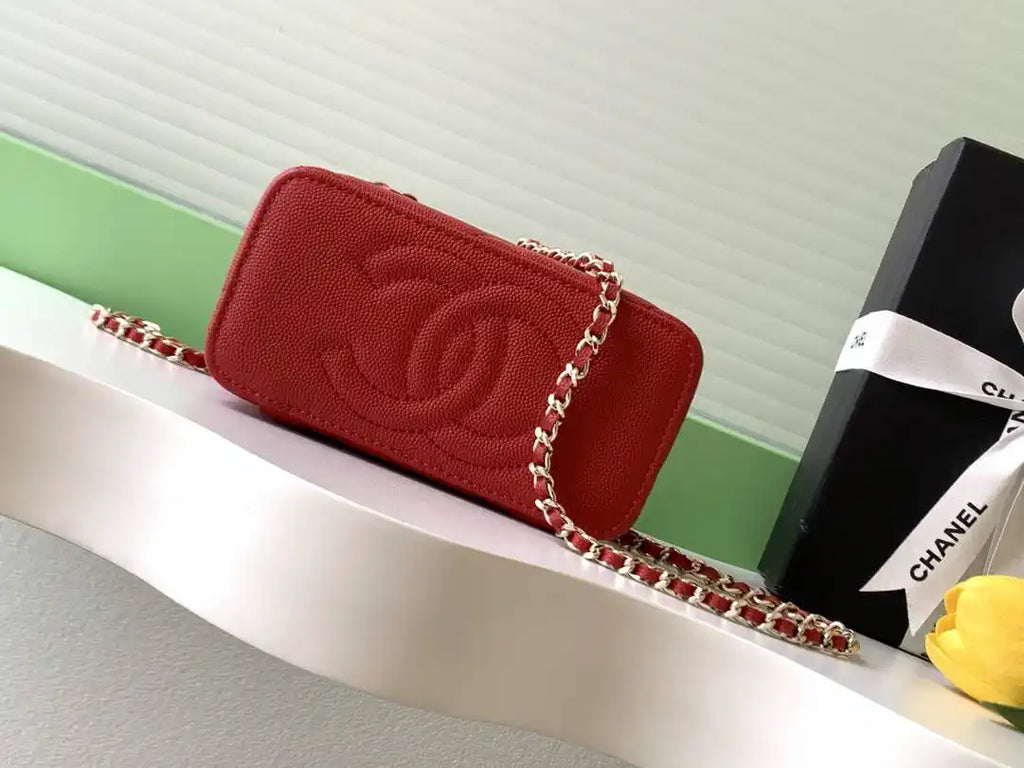 Chanel AP4933 Long Vanity with Chain Grained Shiny Calfskin Red