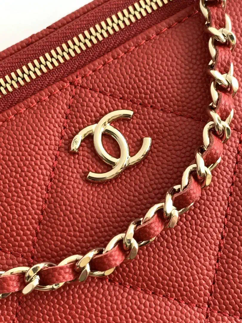 Chanel AP4933 Long Vanity with Chain Grained Shiny Calfskin Red