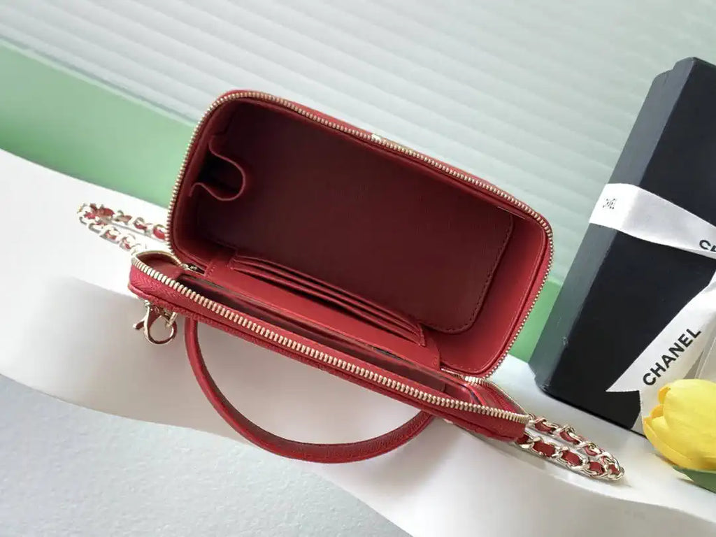 Chanel AP4933 Long Vanity with Chain Grained Shiny Calfskin Red