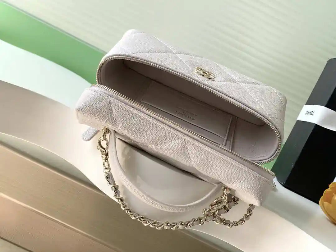 Chanel AP4936 Vanity with Chain Grained Shiny Calfskin & Gold-Tone Meta Beige