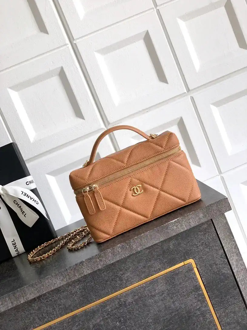 Chanel AP4936 Vanity with Chain Grained Shiny Calfskin & Gold-Tone Meta Brown