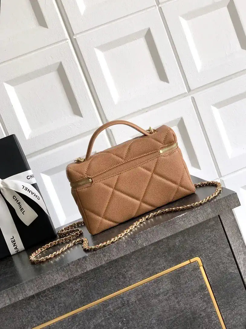 Chanel AP4936 Vanity with Chain Grained Shiny Calfskin & Gold-Tone Meta Brown
