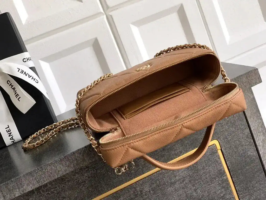Chanel AP4936 Vanity with Chain Grained Shiny Calfskin & Gold-Tone Meta Brown