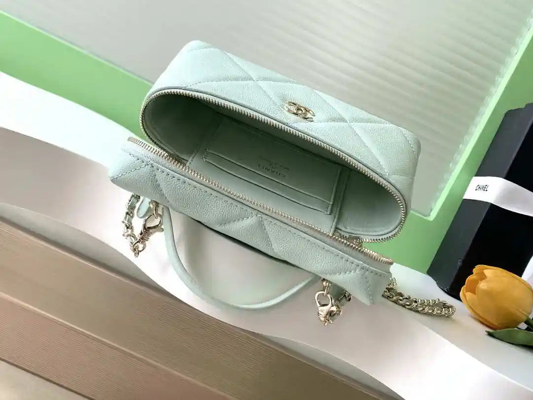 Chanel AP4936 Vanity with Chain Grained Shiny Calfskin & Gold-Tone Meta Green