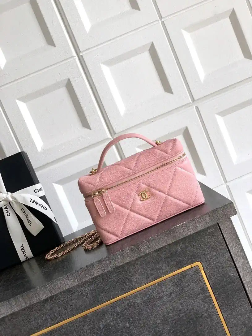 Chanel AP4936 Vanity with Chain Grained Shiny Calfskin & Gold-Tone Meta Pink