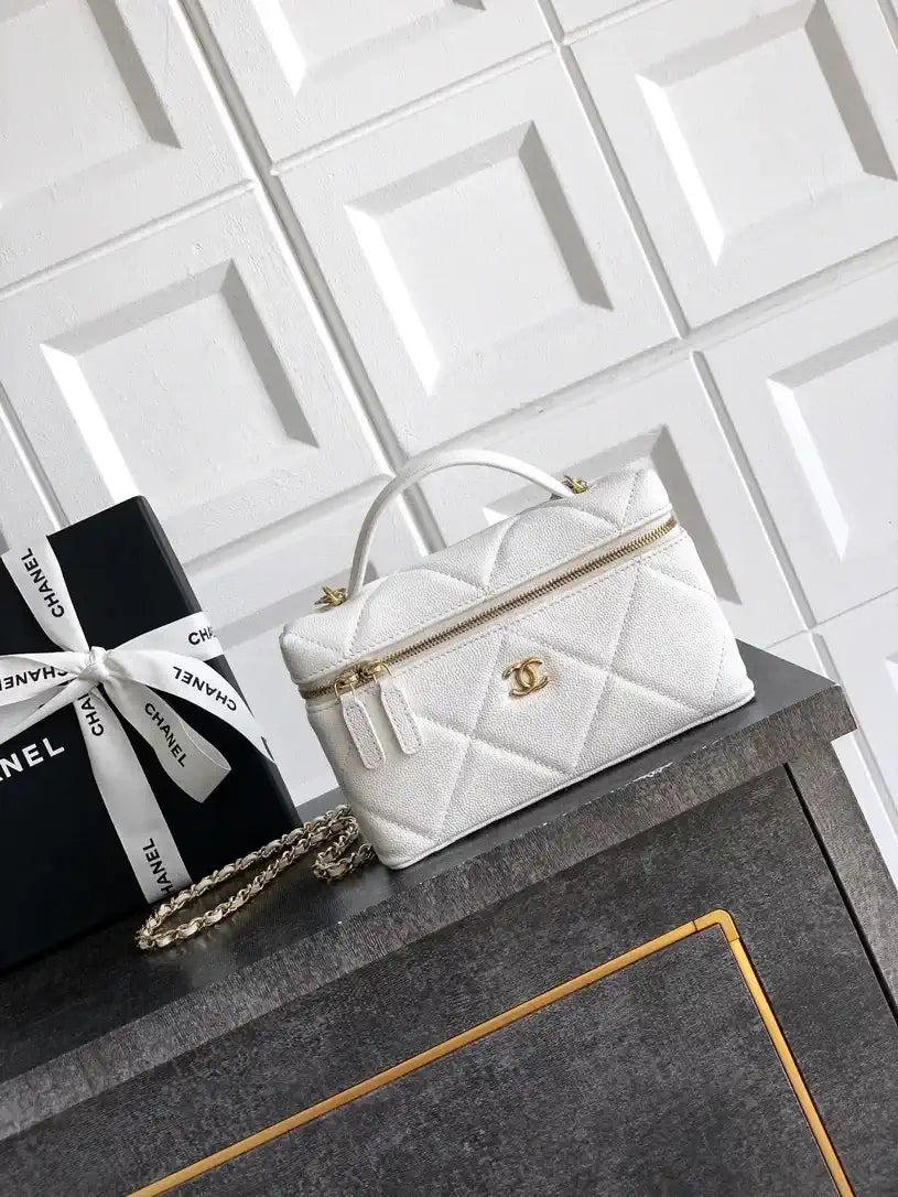 Chanel AP4936 Vanity with Chain Grained Shiny Calfskin & Gold-Tone Meta White
