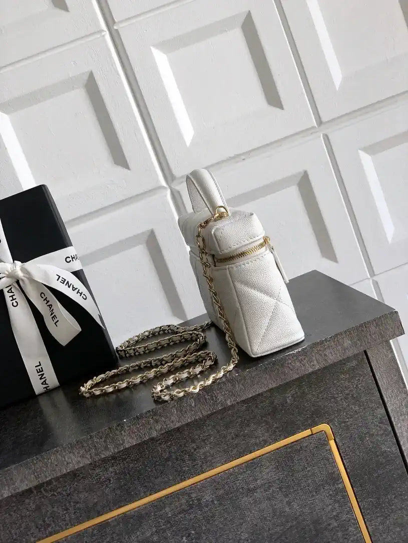 Chanel AP4936 Vanity with Chain Grained Shiny Calfskin & Gold-Tone Meta White