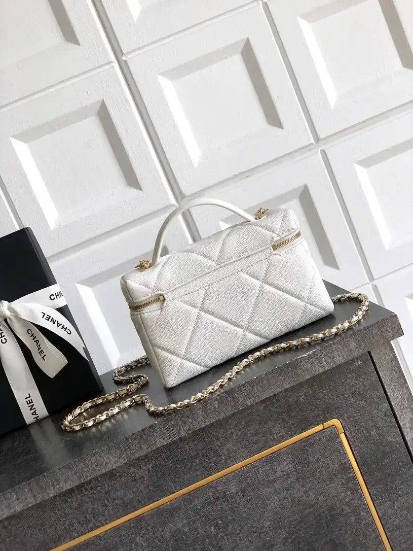 Chanel AP4936 Vanity with Chain Grained Shiny Calfskin & Gold-Tone Meta White