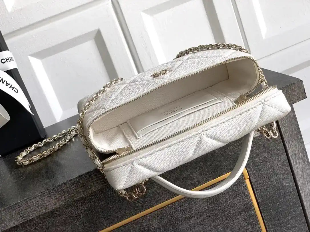 Chanel AP4936 Vanity with Chain Grained Shiny Calfskin & Gold-Tone Meta White