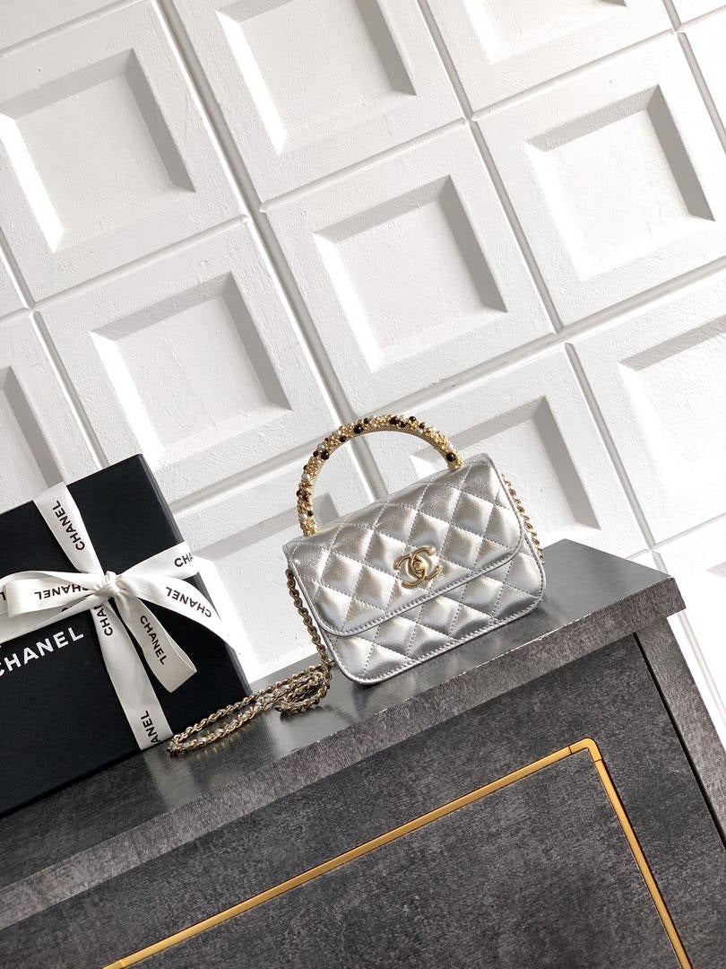 Chanel AP4975 Clutch With Chain Lambskin Imitation Pearls & Gold-Tone Metal Silver