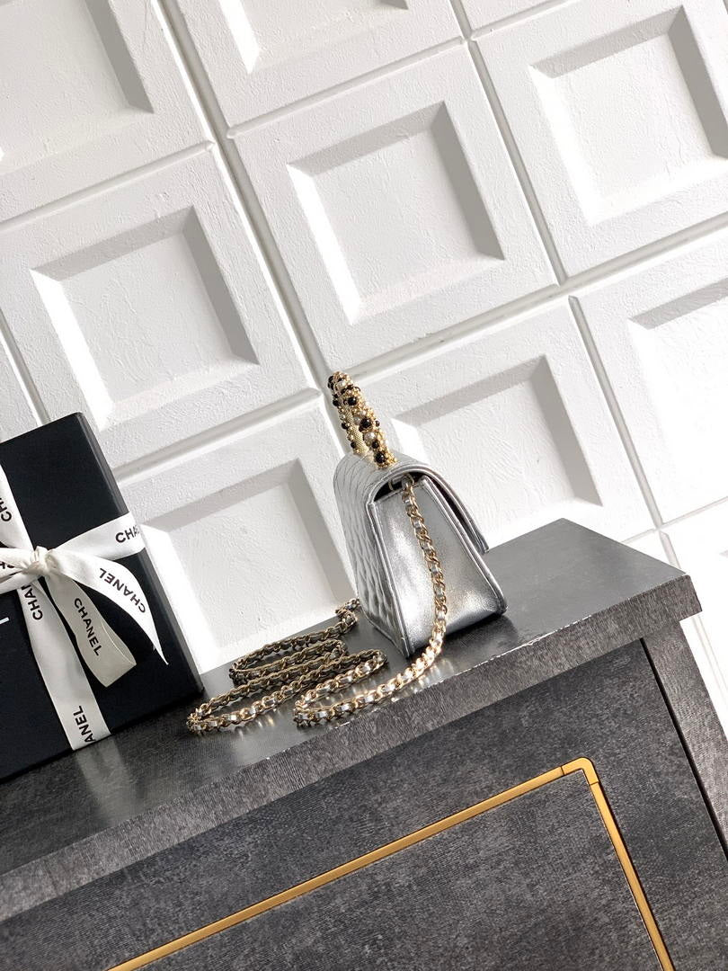 Chanel AP4975 Clutch With Chain Lambskin Imitation Pearls & Gold-Tone Metal Silver