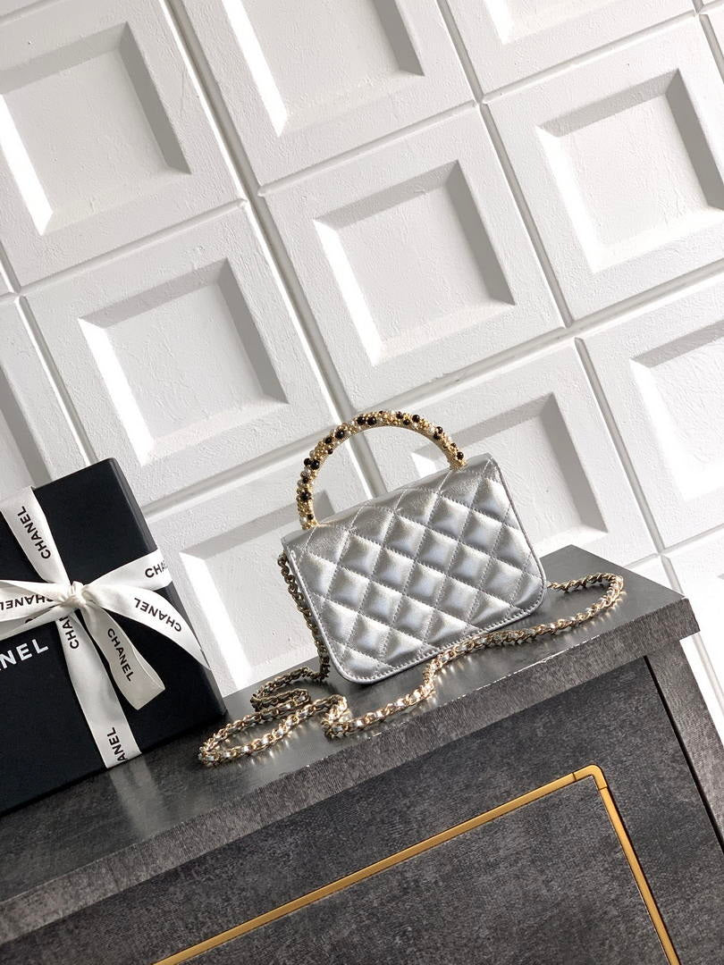 Chanel AP4975 Clutch With Chain Lambskin Imitation Pearls & Gold-Tone Metal Silver