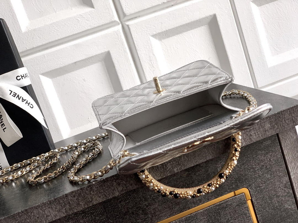 Chanel AP4975 Clutch With Chain Lambskin Imitation Pearls & Gold-Tone Metal Silver