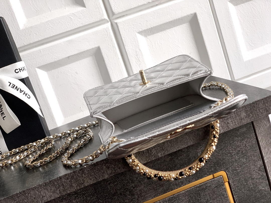 Chanel AP4975 Clutch With Chain Lambskin Imitation Pearls & Gold-Tone Metal Silver