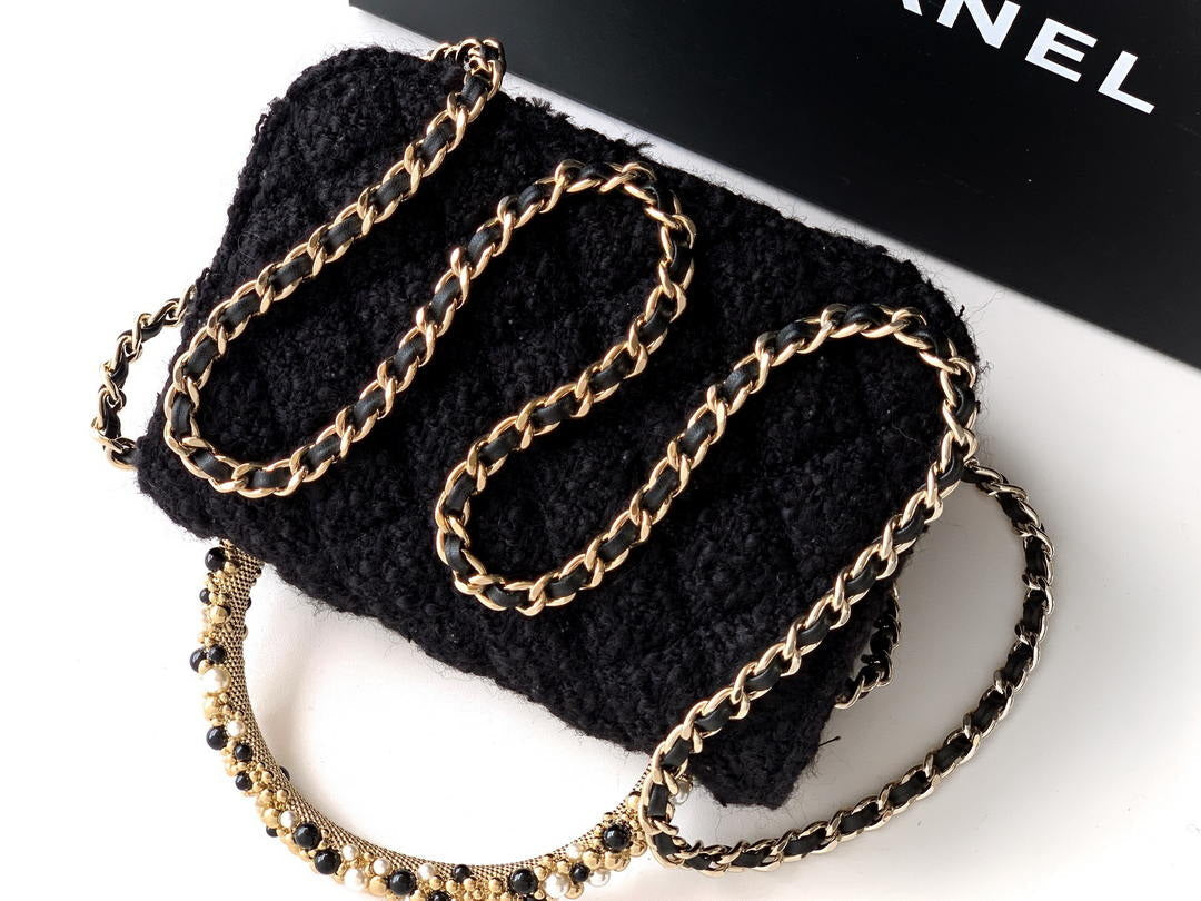 Chanel AP4975 Clutch With Chain Tweed  Imitation Pearls & Gold-Tone Metal  Black