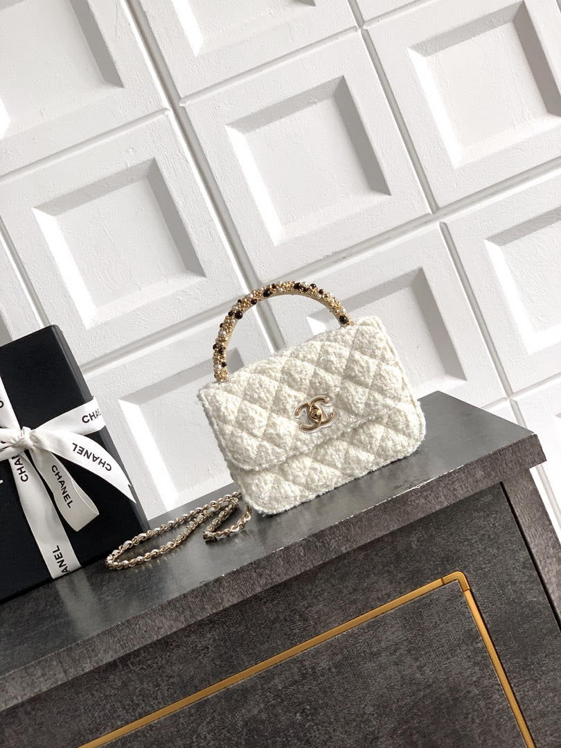 Chanel AP4975 Clutch With Chain Tweed  Imitation Pearls & Gold-Tone Metal White