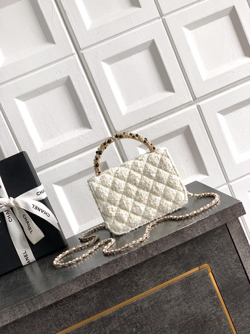 Chanel AP4975 Clutch With Chain Tweed  Imitation Pearls & Gold-Tone Metal White