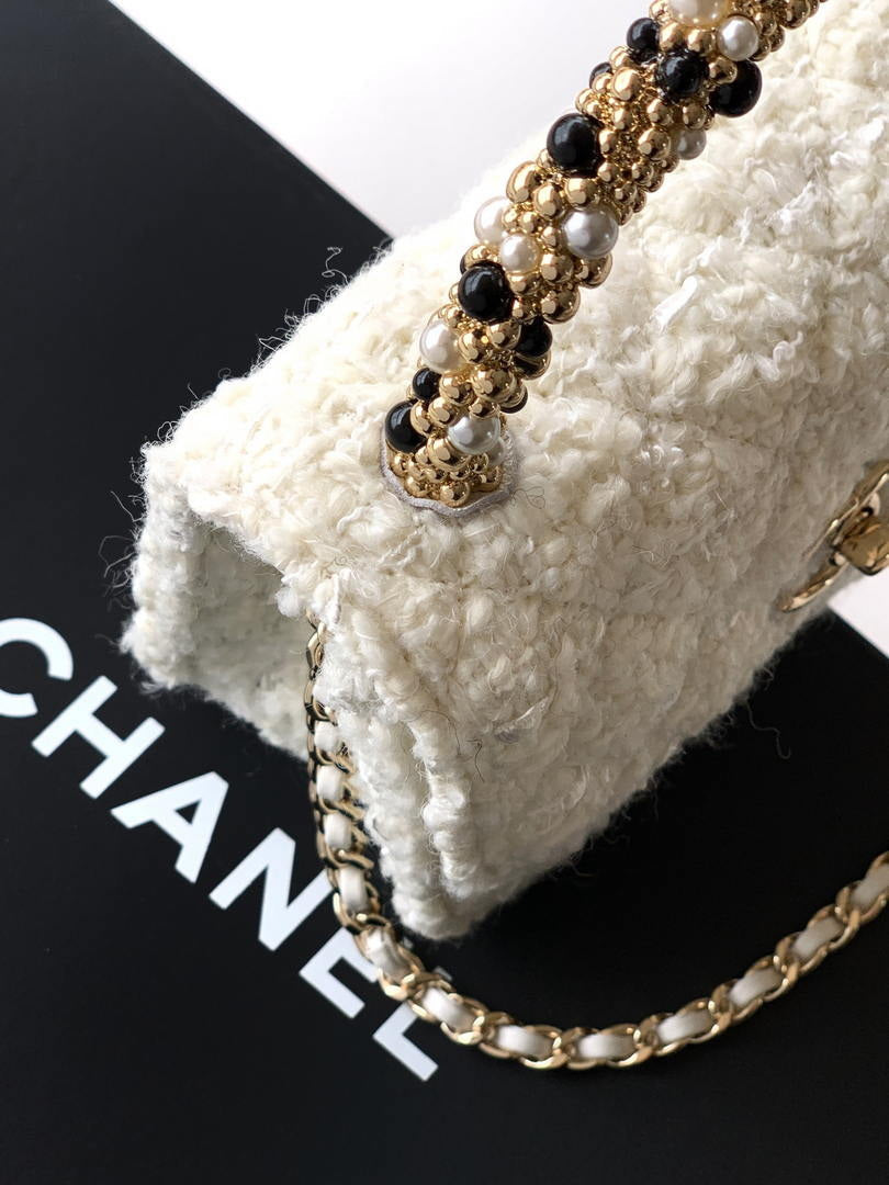 Chanel AP4975 Clutch With Chain Tweed  Imitation Pearls & Gold-Tone Metal White