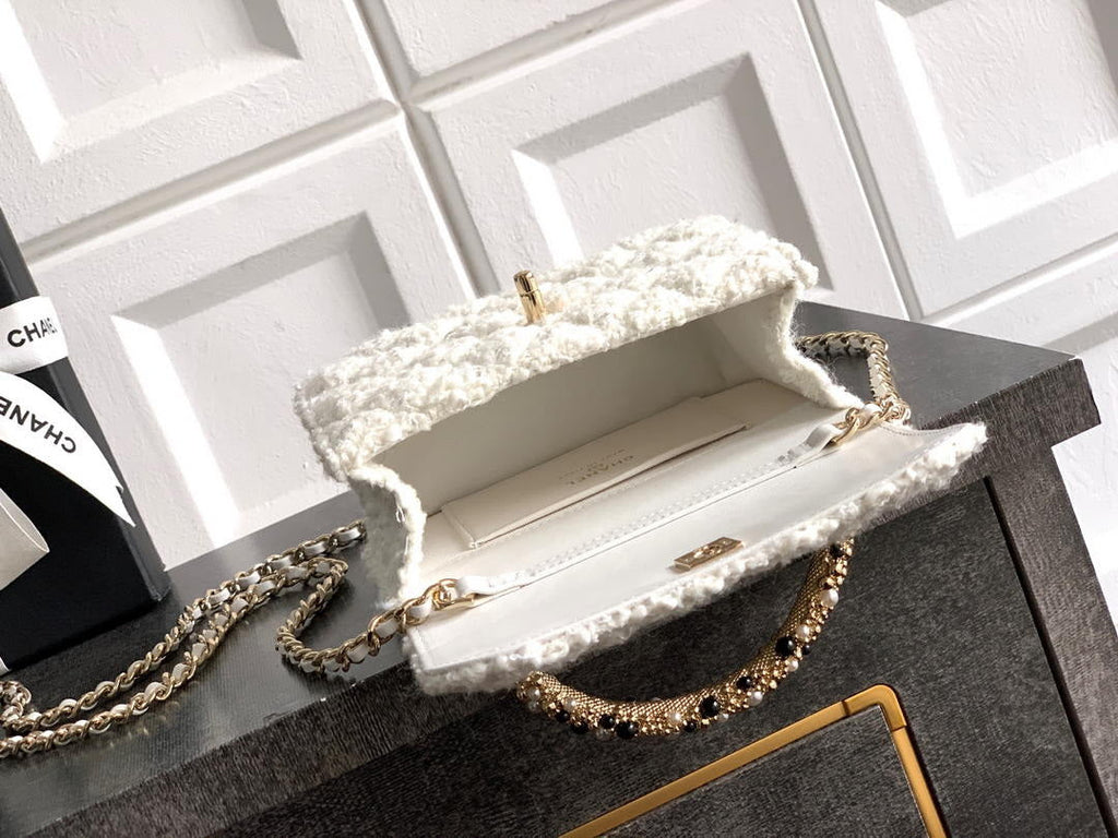 Chanel AP4975 Clutch With Chain Tweed  Imitation Pearls & Gold-Tone Metal White