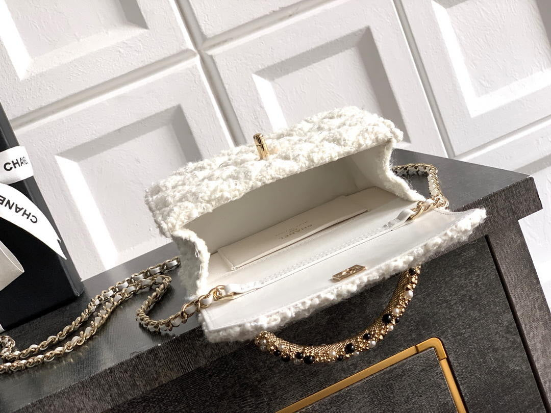 Chanel AP4975 Clutch With Chain Tweed  Imitation Pearls & Gold-Tone Metal White