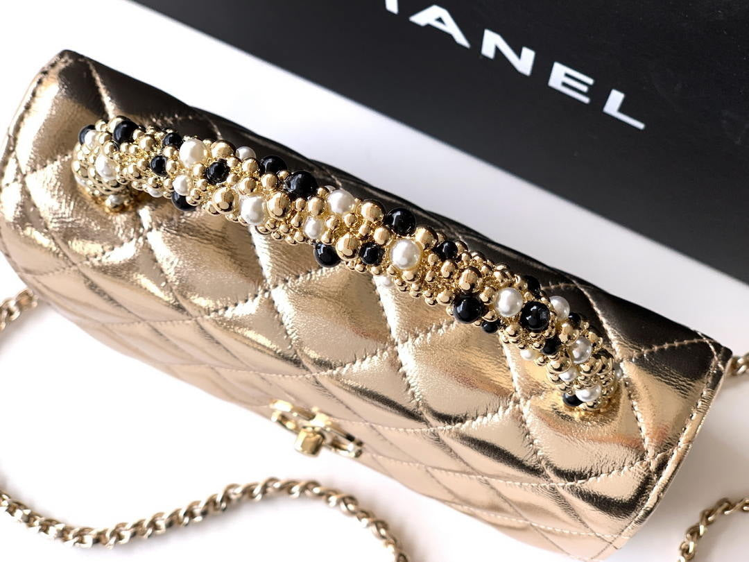 Chanel AP4976 Clutch With Chain Gold Lambskin Imitation Pearls & Gold-Tone Metal