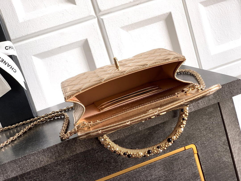 Chanel AP4976 Clutch With Chain Gold Lambskin Imitation Pearls & Gold-Tone Metal