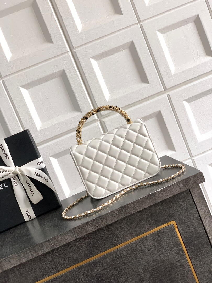 Chanel AP4976 Clutch With Chain White Lambskin Imitation Pearls & Gold-Tone Metal