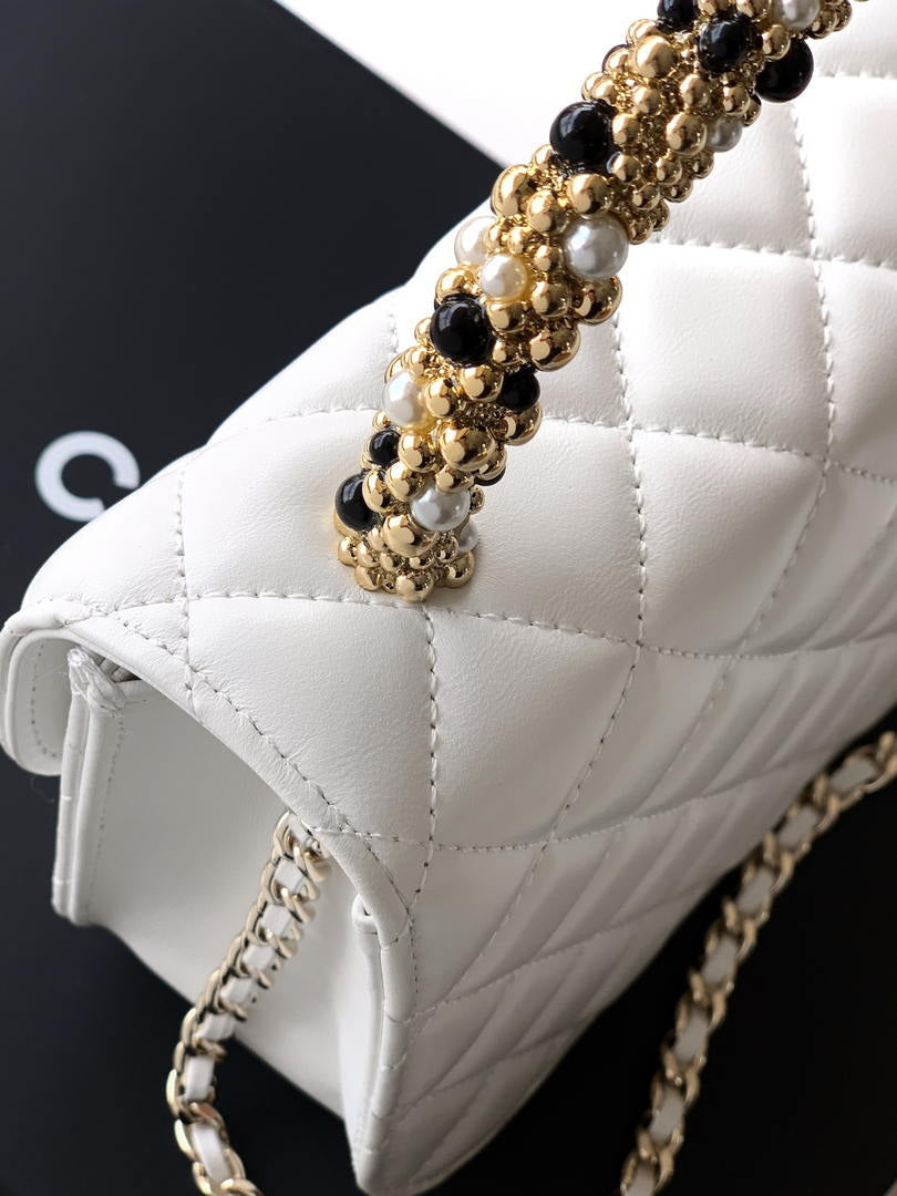 Chanel AP4976 Clutch With Chain White Lambskin Imitation Pearls & Gold-Tone Metal