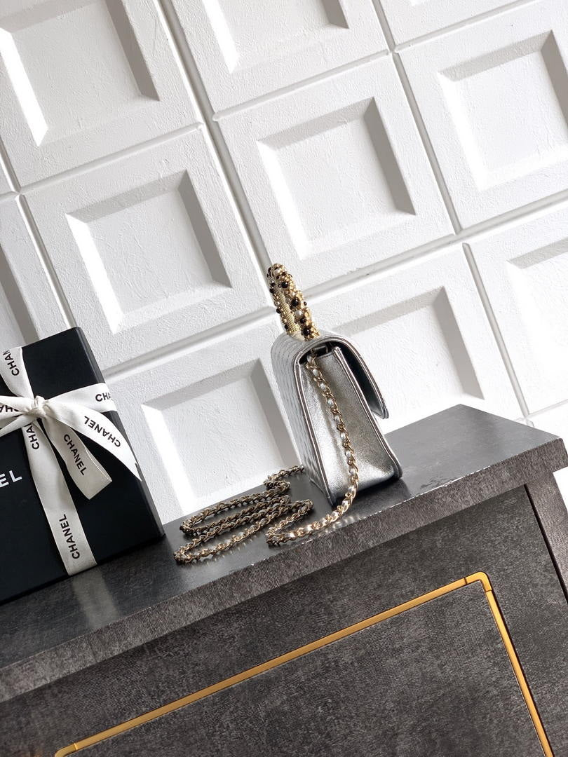 Chanel AP4976 Clutch With Chain Silver Lambskin Imitation Pearls & Gold-Tone Metal