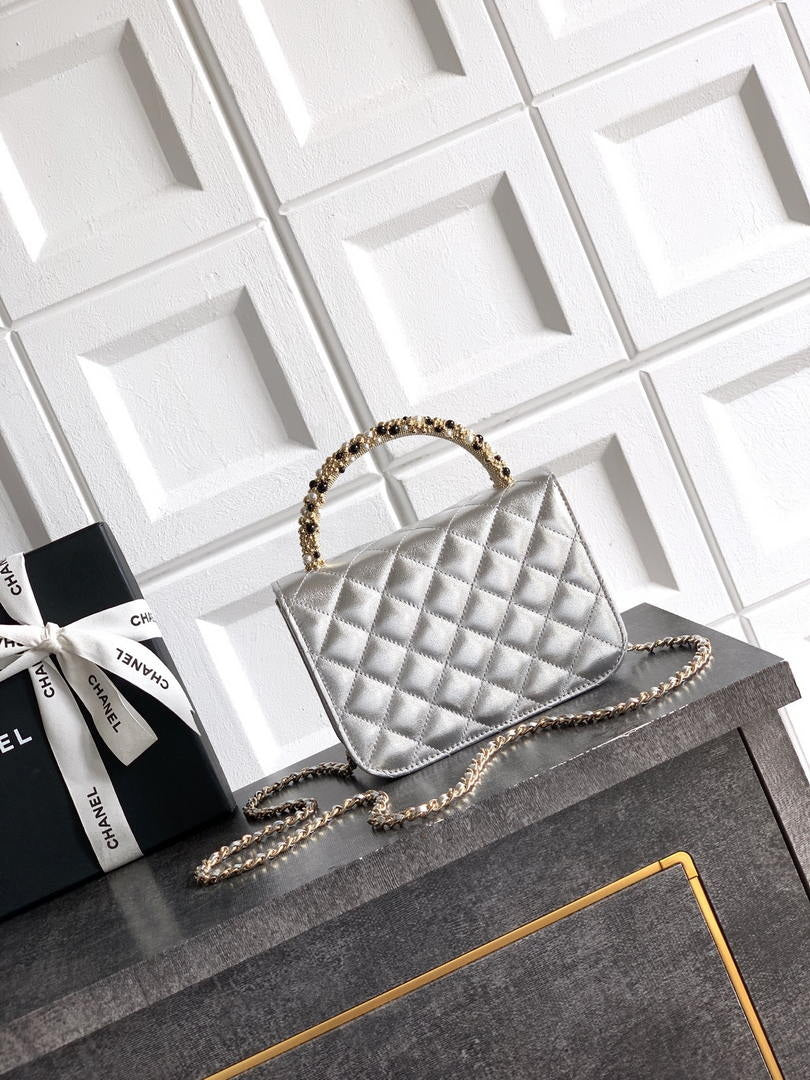 Chanel AP4976 Clutch With Chain Silver Lambskin Imitation Pearls & Gold-Tone Metal