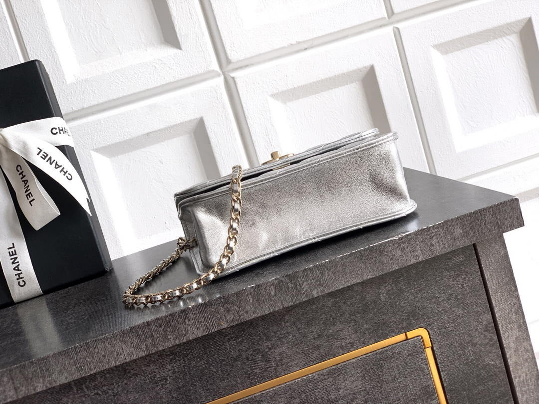 Chanel AP4976 Clutch With Chain Silver Lambskin Imitation Pearls & Gold-Tone Metal