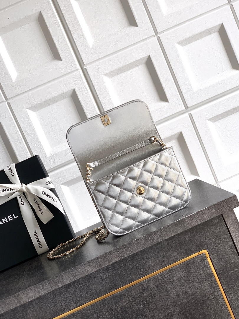 Chanel AP4976 Clutch With Chain Silver Lambskin Imitation Pearls & Gold-Tone Metal