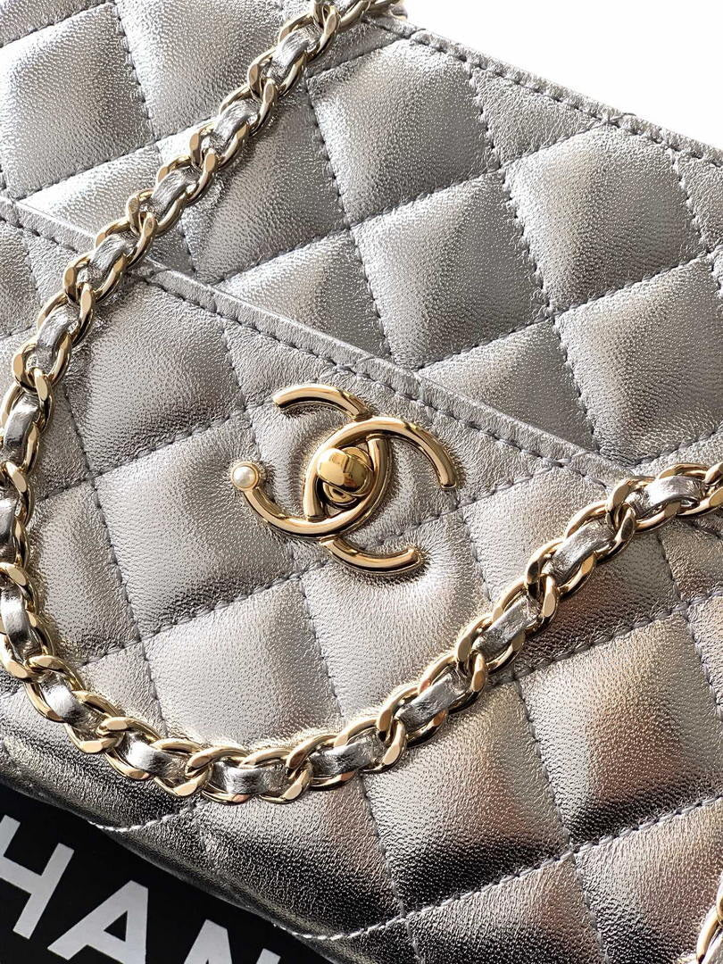 Chanel AP4976 Clutch With Chain Silver Lambskin Imitation Pearls & Gold-Tone Metal