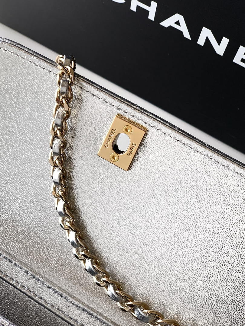 Chanel AP4976 Clutch With Chain Silver Lambskin Imitation Pearls & Gold-Tone Metal