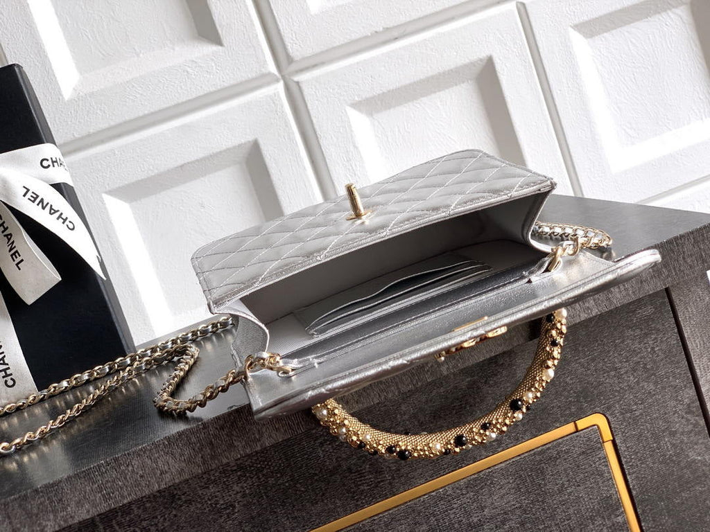 Chanel AP4976 Clutch With Chain Silver Lambskin Imitation Pearls & Gold-Tone Metal