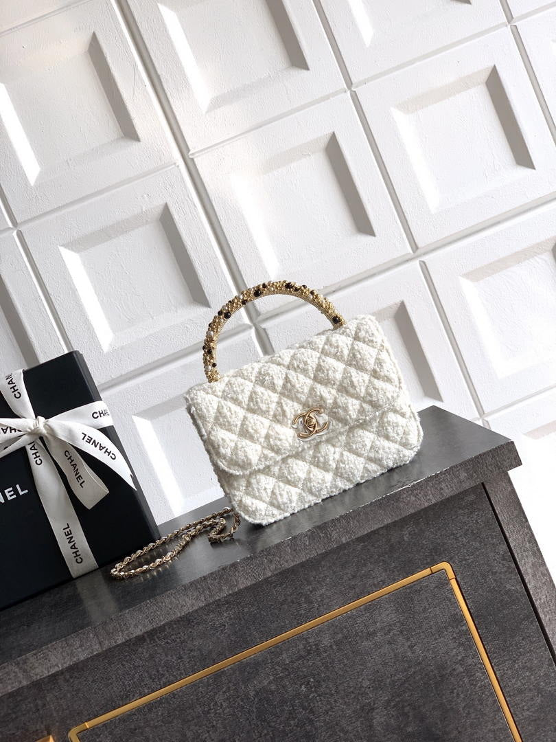 Chanel AP4976 Clutch With Chain Tweed  Imitation Pearls & Gold-Tone Metal White