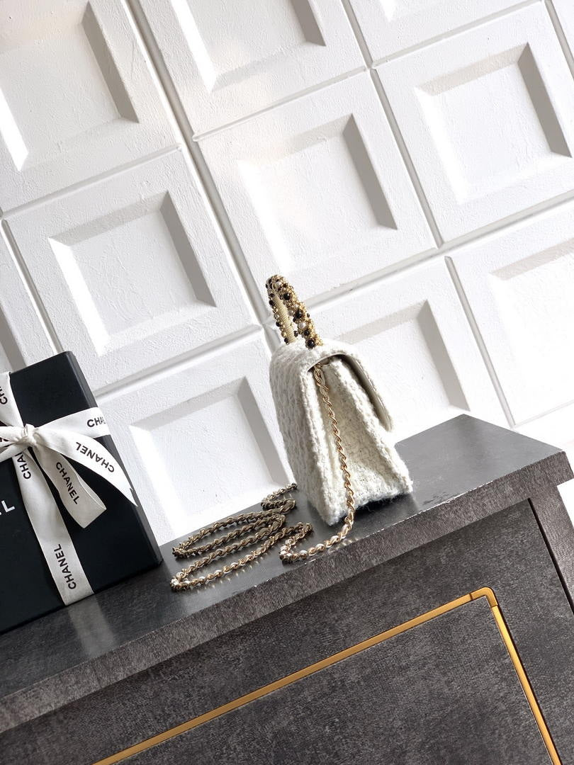Chanel AP4976 Clutch With Chain Tweed  Imitation Pearls & Gold-Tone Metal White