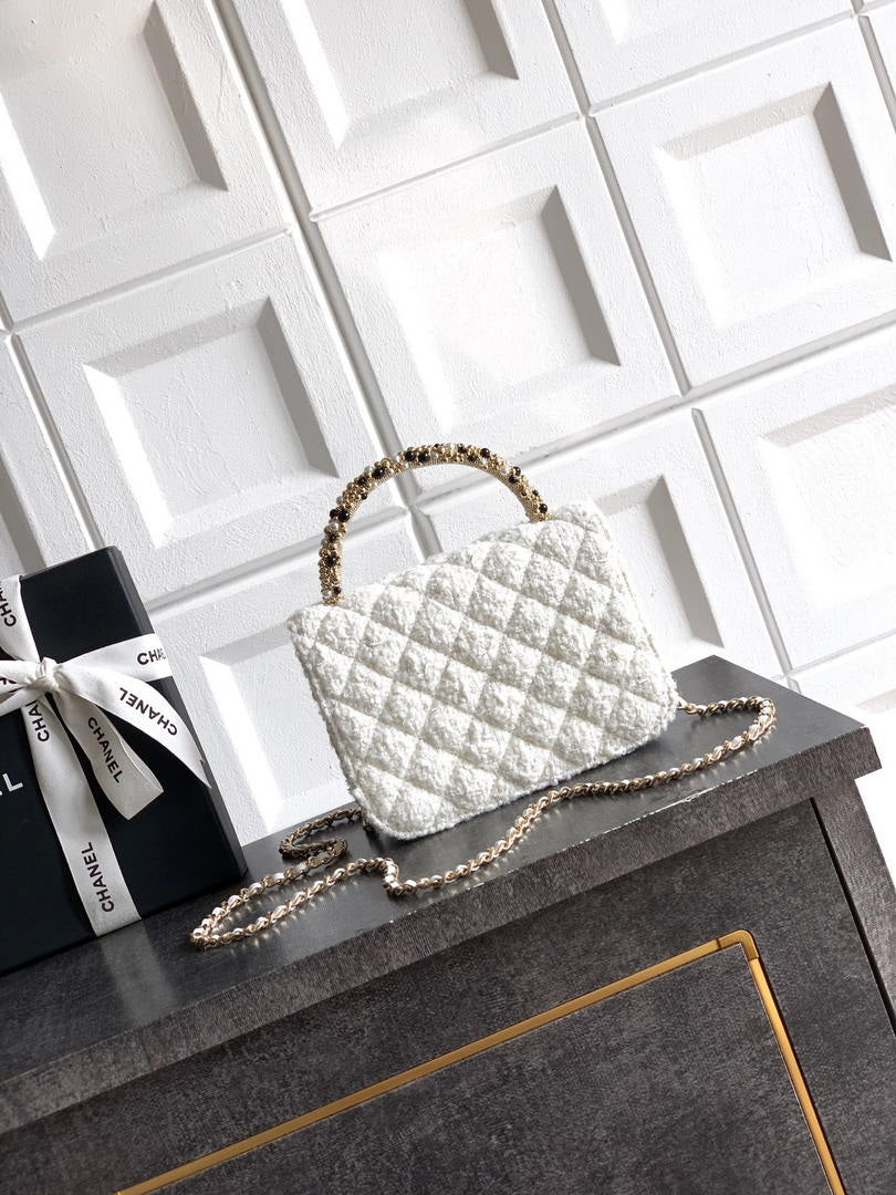 Chanel AP4976 Clutch With Chain Tweed  Imitation Pearls & Gold-Tone Metal White