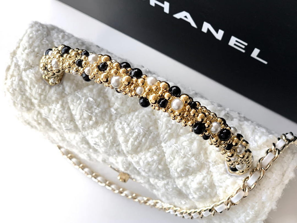 Chanel AP4976 Clutch With Chain Tweed  Imitation Pearls & Gold-Tone Metal White