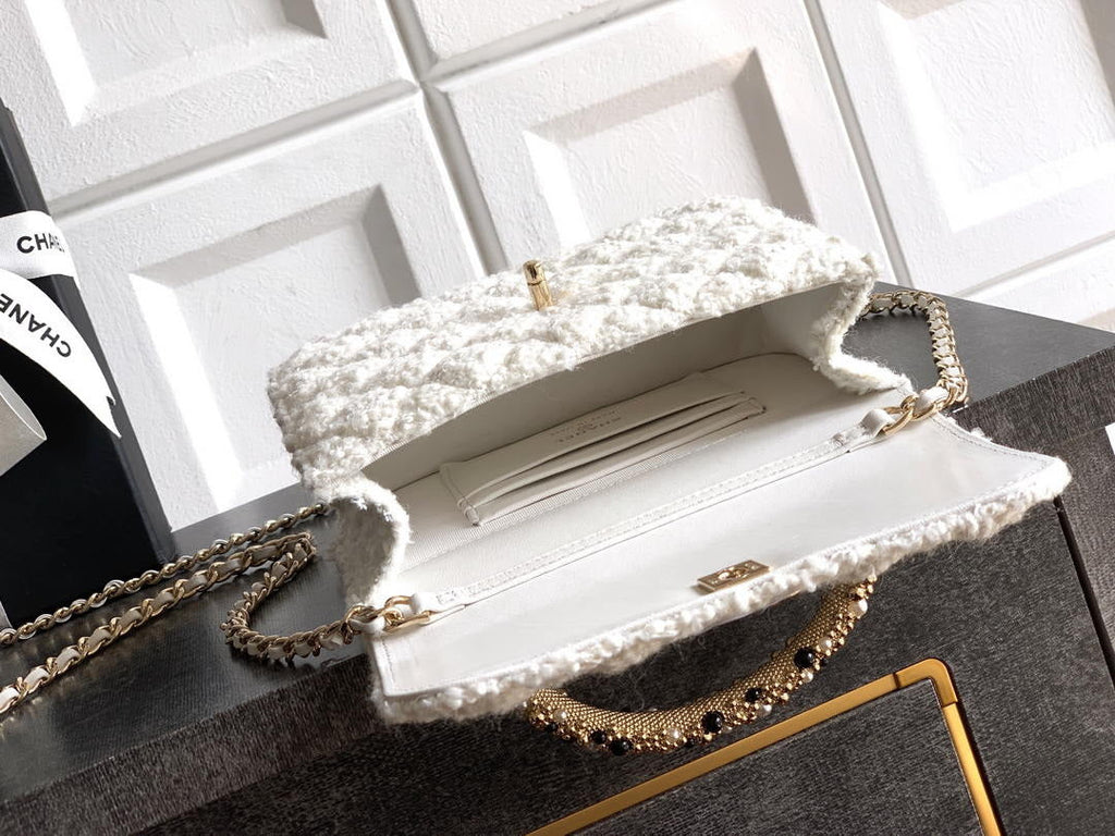 Chanel AP4976 Clutch With Chain Tweed  Imitation Pearls & Gold-Tone Metal White
