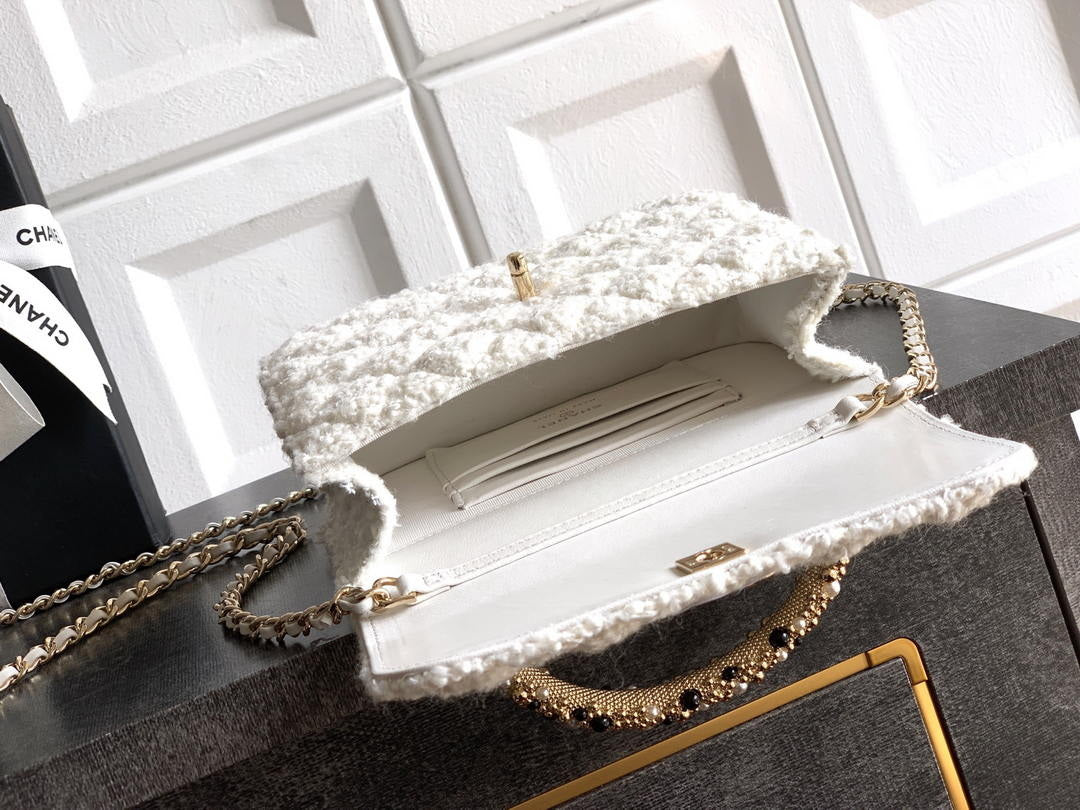 Chanel AP4976 Clutch With Chain Tweed  Imitation Pearls & Gold-Tone Metal White
