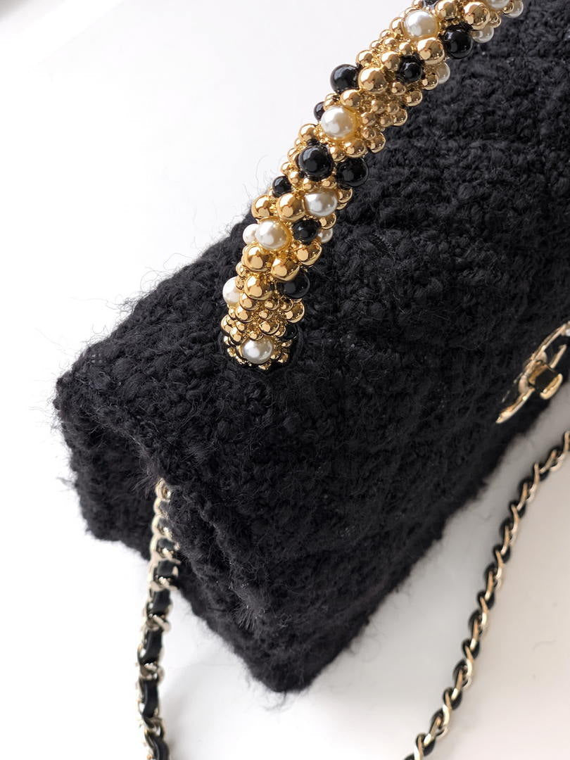 Chanel AP4976 Clutch With Chain Tweed  Imitation Pearls & Gold-Tone Metal  Black