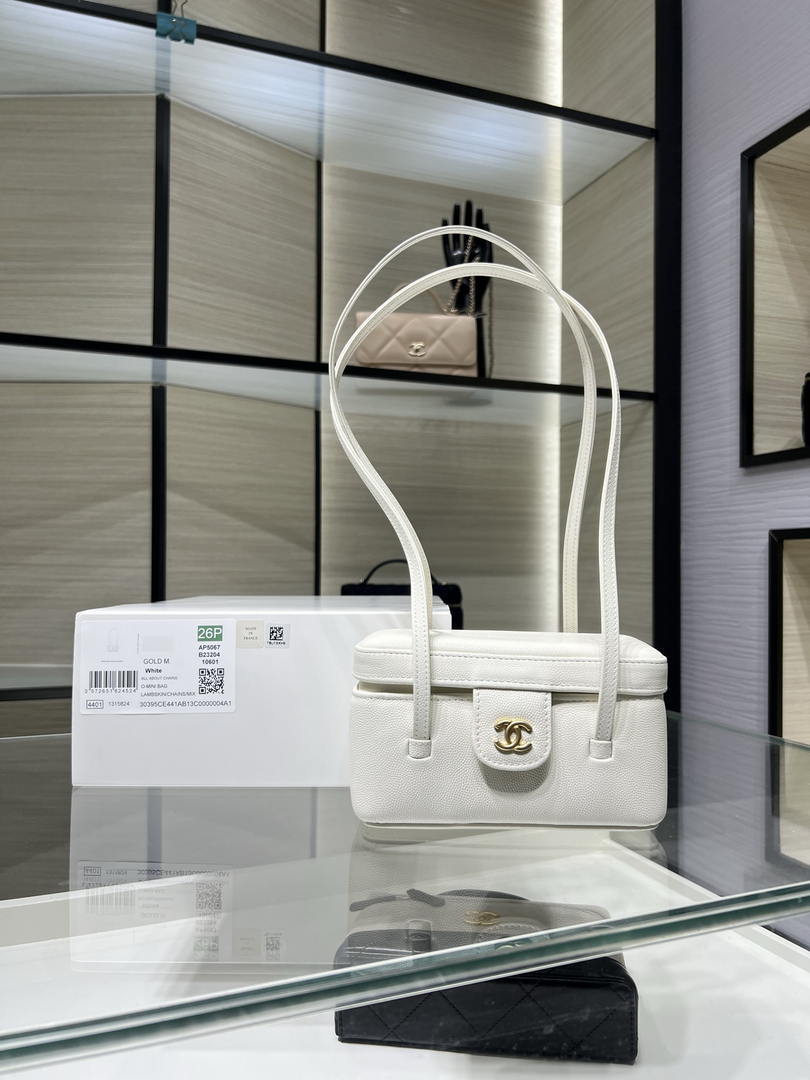 Chanel AP5067 26SS Long Vanity with Leather Strap Grained Shiny Calfskin & Gold-Tone Metal White